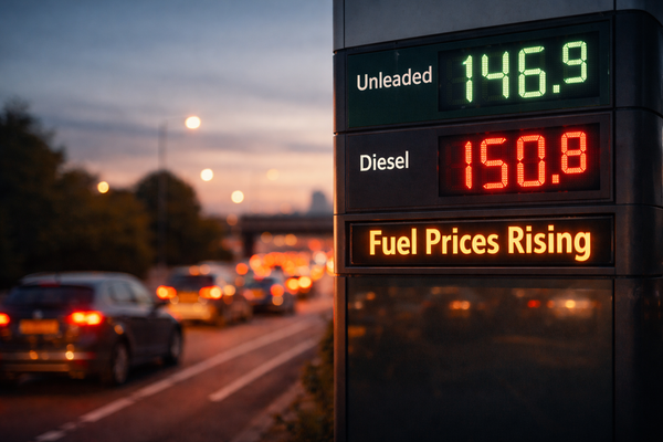 Fuel price display at a UK petrol station showing rising petrol and diesel prices at dusk, with motorway traffic blurred in the background.